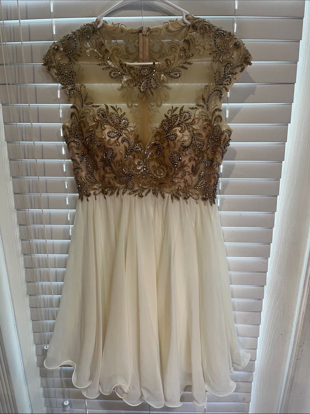 Beaded Ivory Chiffon Cocktail Dress with Gold Embellished Bodice